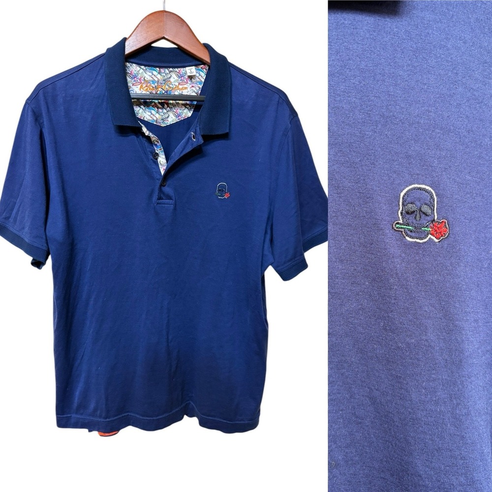 Robert Graham‎ Classic Fit Navy Contrast Placket Skull and Rose Polo - Large